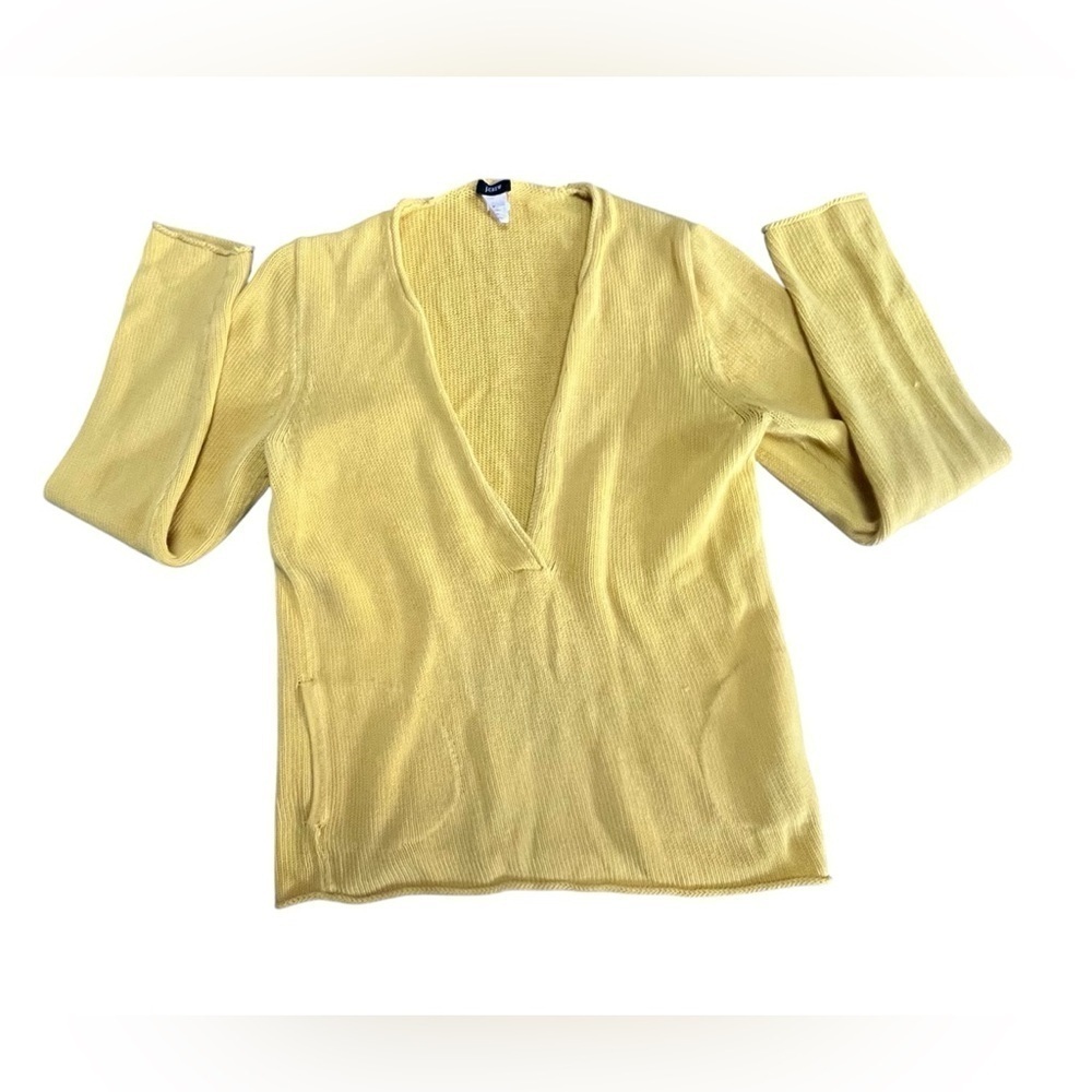 J Crew Chunky Knit Sweater 90’s Plunging V Neck Pockets Yellow Y2K Sz Medium